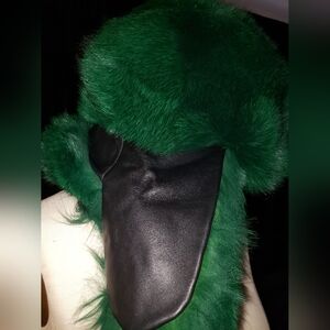Emerald green/black genuine fox fur genuine lambskin leather trooper trapper hat
